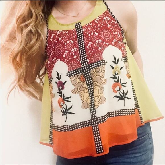 ANTHROPOLOGIE Vineet Bahl Jardin Cream Yellow Pink Print Swing Tank Top Blouse L